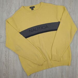 Nautica Crewneck Sweater Vintage 90s Y2k Yellow and Gray Colorblock Pullover Cre